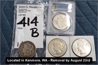 LOT, (2) MORGAN SILVER DOLLARS, (1) 1887 AU58,