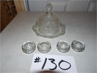 4) salt dips & 1) butter dish - clear glass