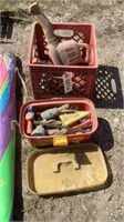 Kids plastic toy tools in a box, toy chainsaw,