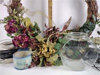 Large wreath, fishbowl, salt crock (no lid),