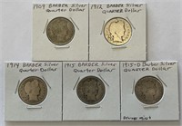(5) 1909-15 Barber Liberty Head Silver Quarters