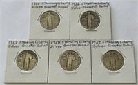 (5) 1925-1929 Standing Liberty Silver Quarters