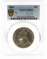 1860 US SEATED LIBERTY 50C SILVER COIN PCGS PR63