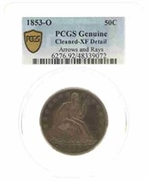 1853-O US SEATED 50C SILVER COIN PCGS CLEANED-XF D