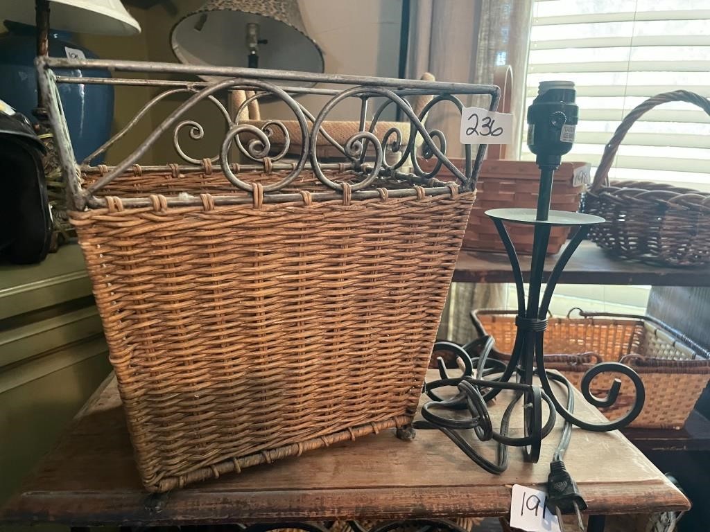 wicker trashcan and lamp