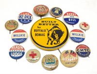 14 Vintage Political & Advertising Button Pins