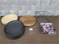 Modern wood plates, metal basket, puzzle, etc