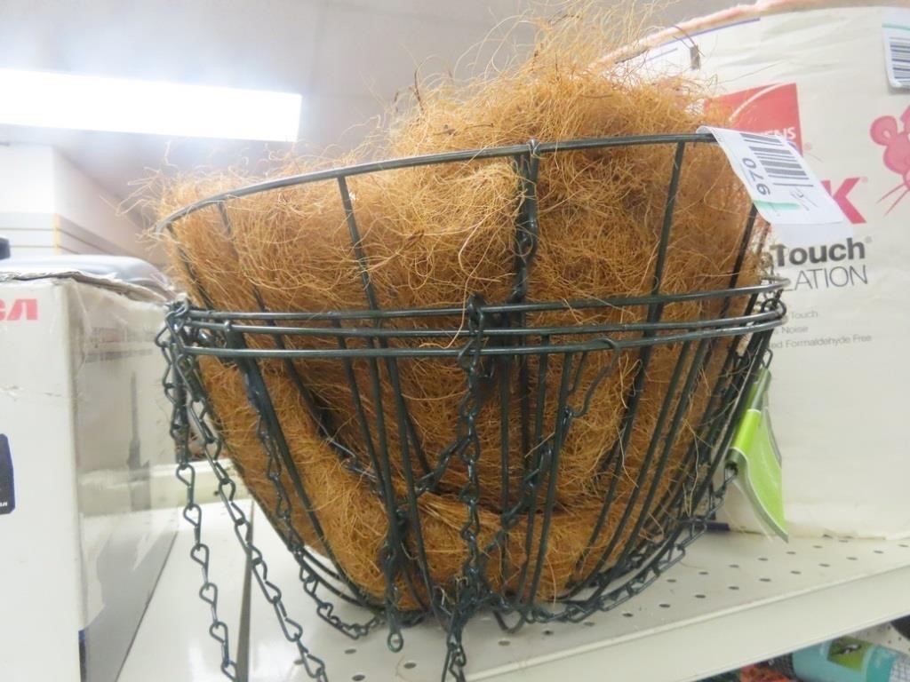 Wire hanging flower baskets.