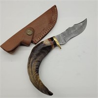 DAMASCUS RAM HORN SKINNER KNIFE W SHEATH