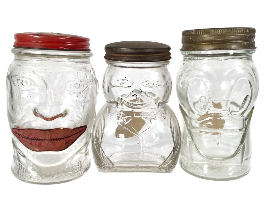3 Figural Glass Jars Jolly Joe Bank, Donald Duck +