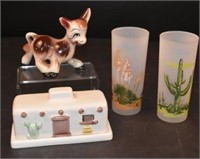 2 Frosted Cactus Glasses, Butter Dish & Donkey