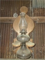 Vintage glass oil lamp with wood holder