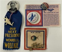 1940s Wendell Willkie Presidential Political Pins