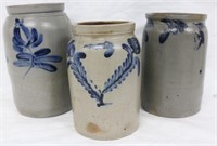 THREE 19TH C. BLUE DECORATED STORAGE JARS,