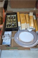 COLL OF PYREX PLATES, CRYSTAL CAN HOLDER FLATWARE