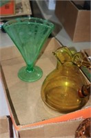 GREEN FENTON? VASE & YELLOW GLASS PITCHER