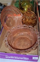 COLL OF PINK DEPRESSION BOWLS & AMBER CANDY DISH