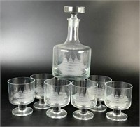 Etched Clipper Ship Decanter & Footed Glass Set