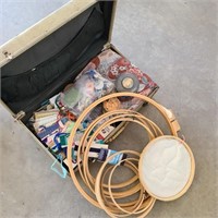 Vintage Suitcase of Sewing Notions w/ Hoops