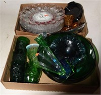 colored glass, candy dish, bowl, glasses, etc