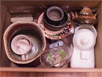 Two boxes art pottery, milk glass and more