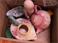 Box including bisque doll, art pottery, tin bank