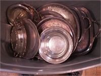 Large tote of silverplate hollow ware, mostly