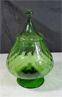 Beautiful green jar with lid approx 11 inch tall