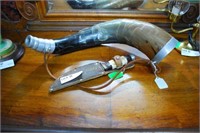 Carved Horn Flask & Gonzalez Custom Knife In Sheat