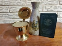 Antique liquor permit, candle, pottery bud vase