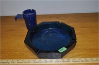 large blue glass ashtray + plastic ashtray