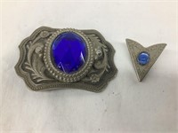 Ornate Belt Buckle & Belt Tip w/ Blue Stones