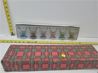 vintage set of 6 coloured liqour glasses in box
