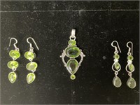 Green Peridot Sterling Silver Pendant & Earrings.