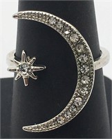 Sterling Silver Clear Stone Star & Moon Ring