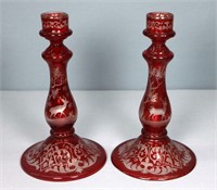 19th C. Ruby Cut-to-Clear Glass Candlesticks