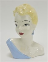 Lady head vase, blond hair, blue dress, 6 1/2",