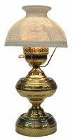 BRASS OIL LAMP REVERSE-PAINTED LITHOPHANE SHADE
