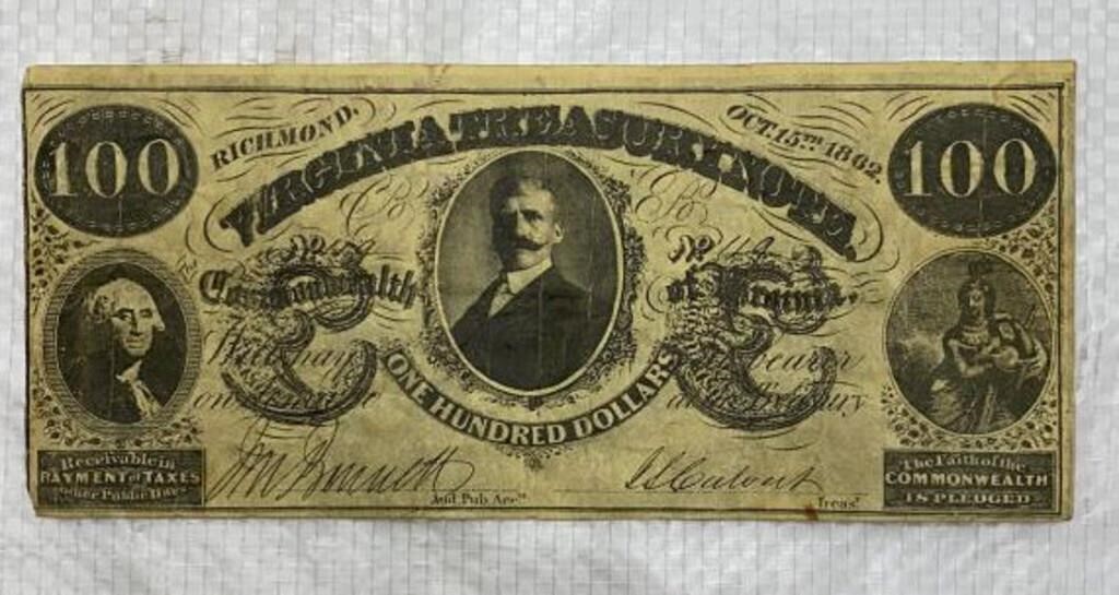 US$100 - 1862 State of Virginia Confederate US