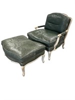 Vntg 2pc Fr Provincial Leather Chair & Ottoman