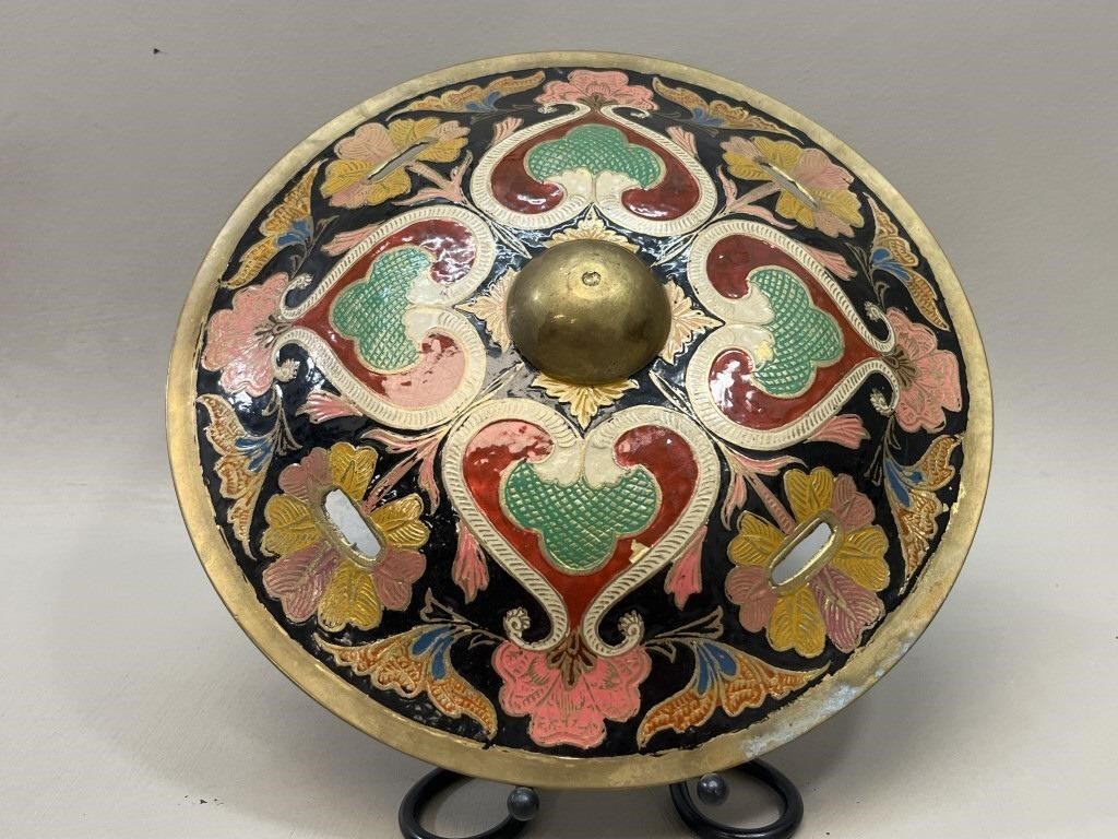 Asian Enameled Brass Shield w/Sword Mounts