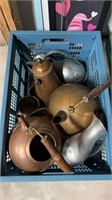 Crate lot with three copper tea, kettles, and two