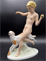 ANTIQUE ROYAL DUX NUDE RUNNING WITH DOG FIGURINE