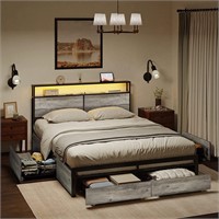 Queen Bed Frame with Storage  4 Drawers  LED