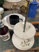 Serving Dishes, Glass Pitcher And Plastic Bottle