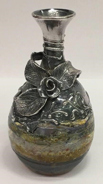 Silver Overlay Blown Glass Vase