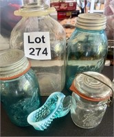 Ball Canning Jars and Blue Glass Shoe