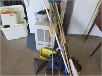 dehumidifier, brooms, dust pans