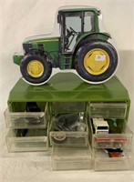 MODEL CAR PARTS IN ORGANIZER AND JOHN DEERE TIN