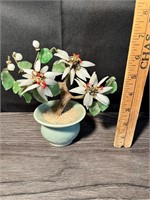 Asian Glass Jade Stone Bonsai Tree White Flowers